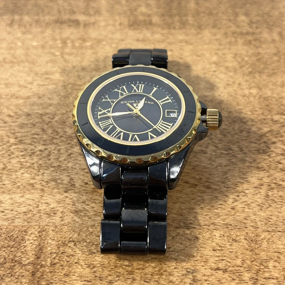 Swiss Legend Karamica Women's Black Gold Tone Watch Ceramic - Needs Battery